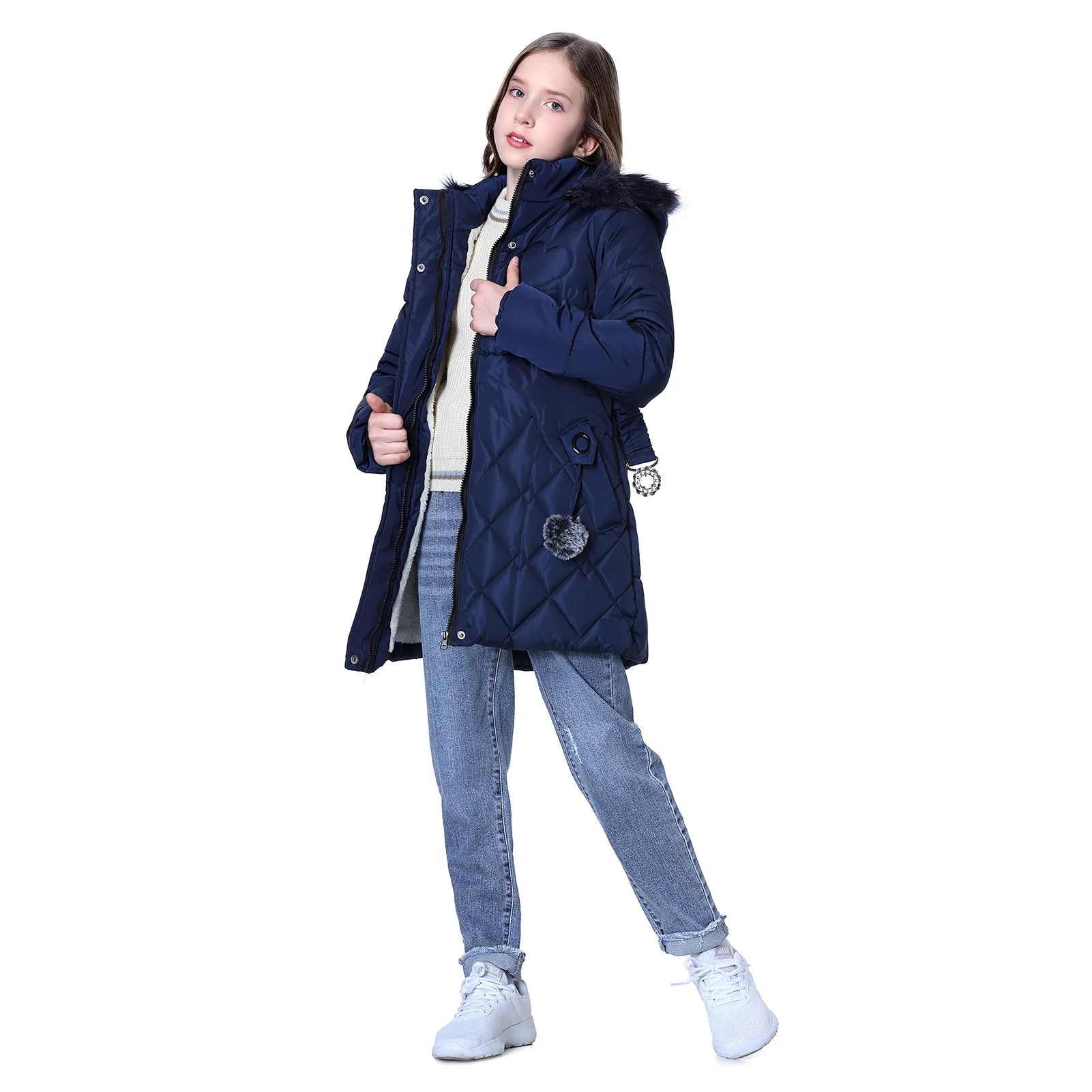 Winter Girls Jacket,Warm Thick Cotton Coat,Fashion Fur Hooded Children's Outerwear,Hairballs Zipper Elastic Waistband Coats