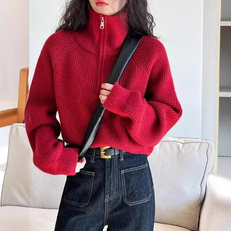 Autumn Winter Zipper Sweaters Women Solid Color High Neck Knitted Pullover Solid Red Loose Turndown Collar Women's Turtleneck