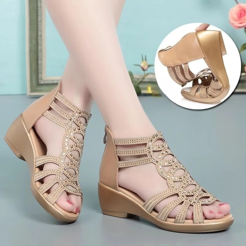 2023 Women Sandals Wedges New Summer Comfortable Hollow Roman Sandals Elegant Low Heel Shoes for Women Fashion Zapatos De Mujer