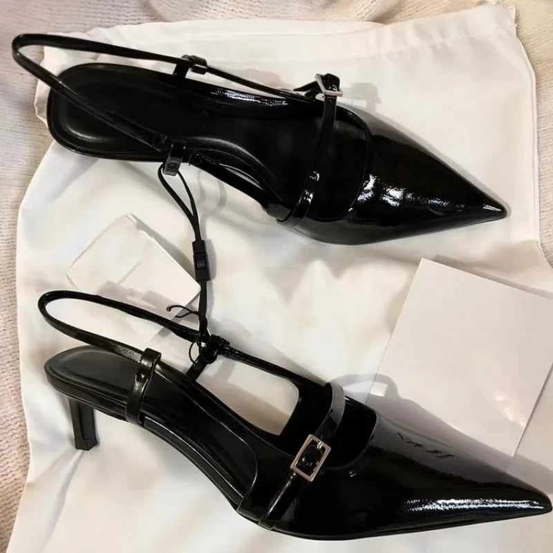 Black High Heel Women 2024 Summer Woman Pumps Pointed Leather Sexy Slingbacks Shallow Mouth Single Shoes For Sandals