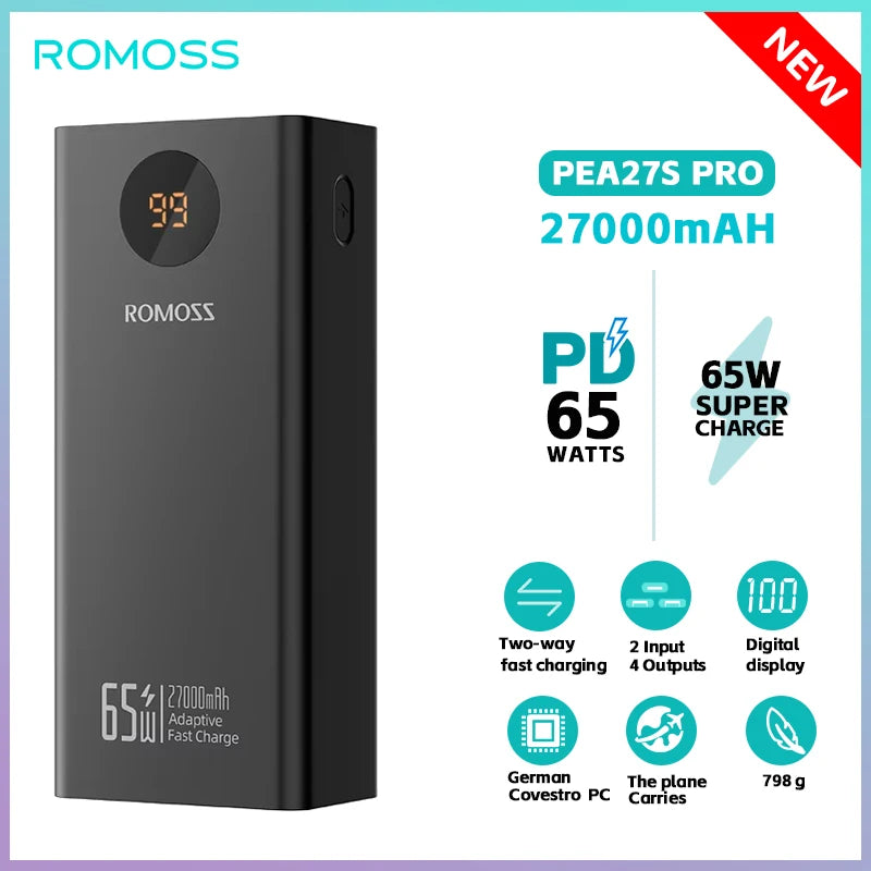 Romoss Power Banks 27000mAh 65W Fast Charge Laptop Portable Charger Powerbank External Battery For iPhone 16 Xiaomi Huawei