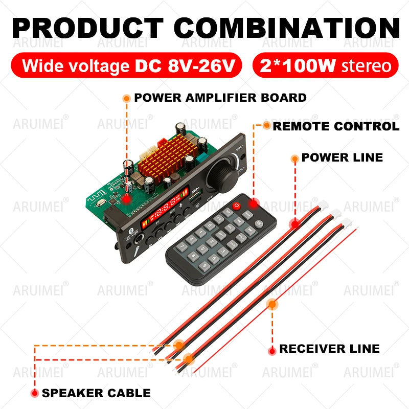Handsfree 200W Amplifier Bluetooth DIY MP3 Decoder board 12V Wireless Car MP3 Player Record USB TF AUX FM Radio Folder Switching