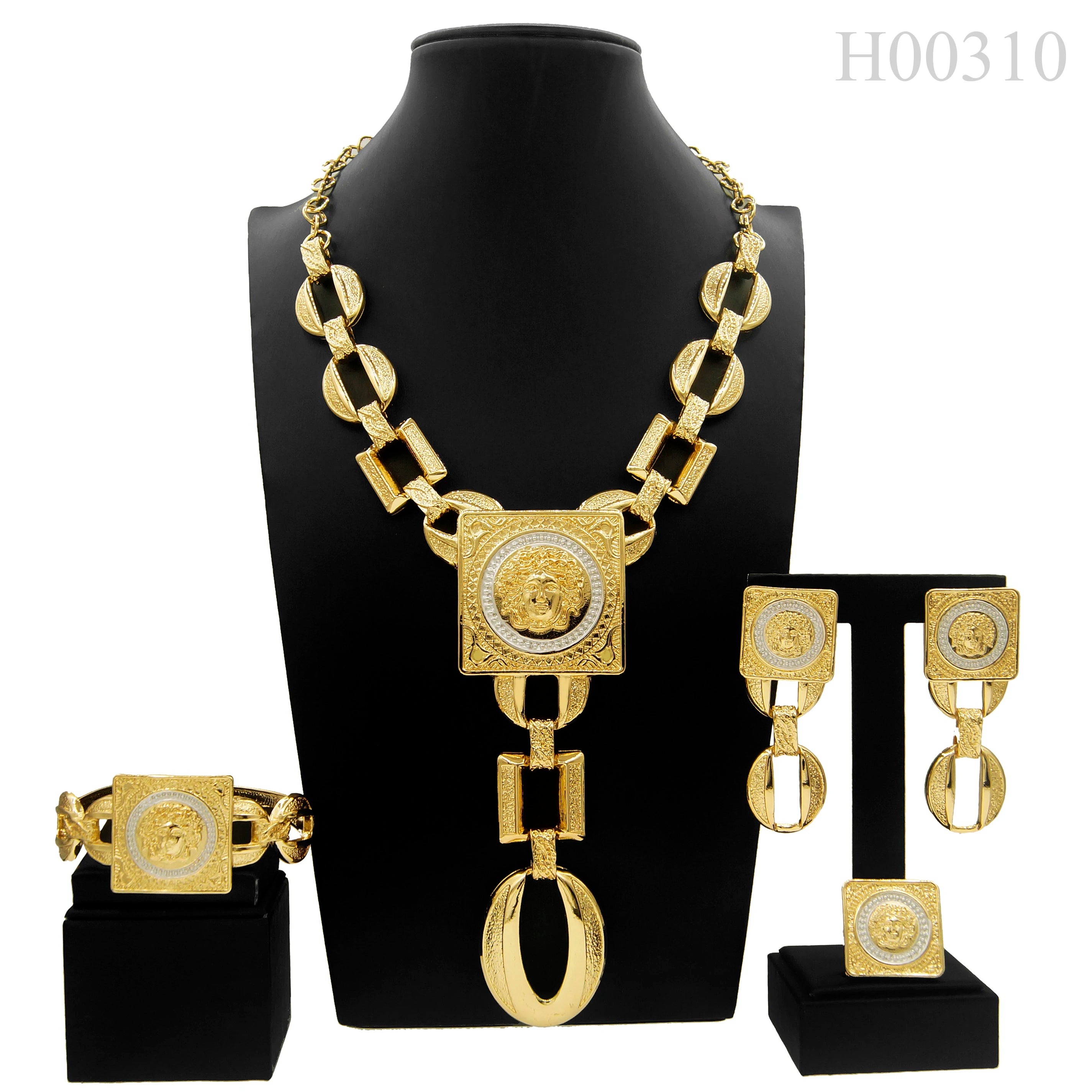 Hot Sale Fashion Woman Necklace Jewelry Set Face Shape Chain Pendant Design Big Earring Square Ring Gift  Jewelry Sets