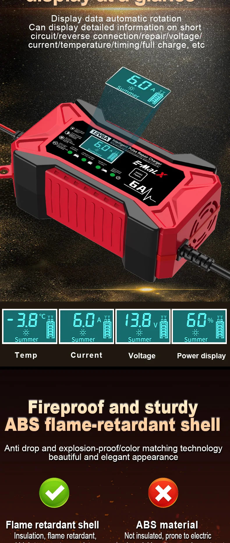 12V 6A Car Battery Charger Pulse Repair LiFePO4 14.6V Smart Fast Charge AGM Deep Cycle GEL Lead-Acid Charger For Auto Motorcycle