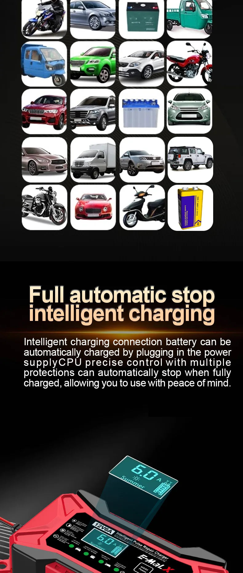 12V 6A Car Battery Charger Pulse Repair LiFePO4 14.6V Smart Fast Charge AGM Deep Cycle GEL Lead-Acid Charger For Auto Motorcycle