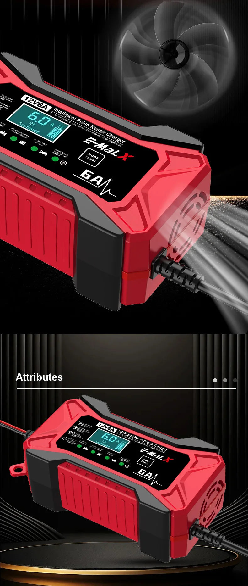 12V 6A Car Battery Charger Pulse Repair LiFePO4 14.6V Smart Fast Charge AGM Deep Cycle GEL Lead-Acid Charger For Auto Motorcycle