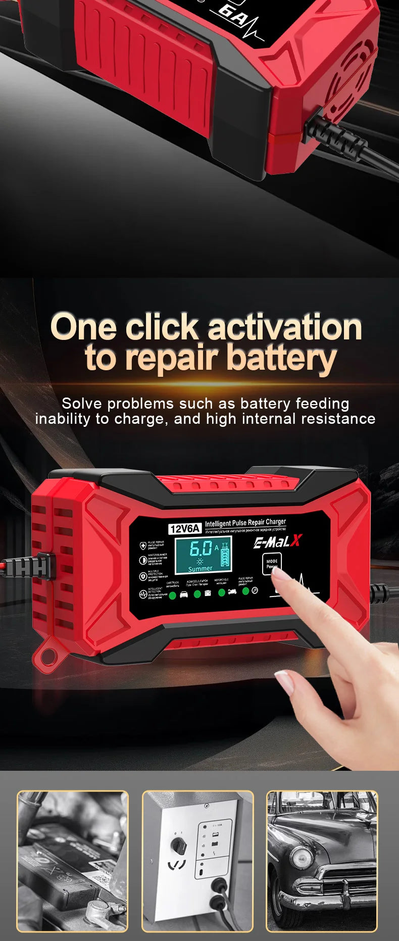 12V 6A Car Battery Charger Pulse Repair LiFePO4 14.6V Smart Fast Charge AGM Deep Cycle GEL Lead-Acid Charger For Auto Motorcycle