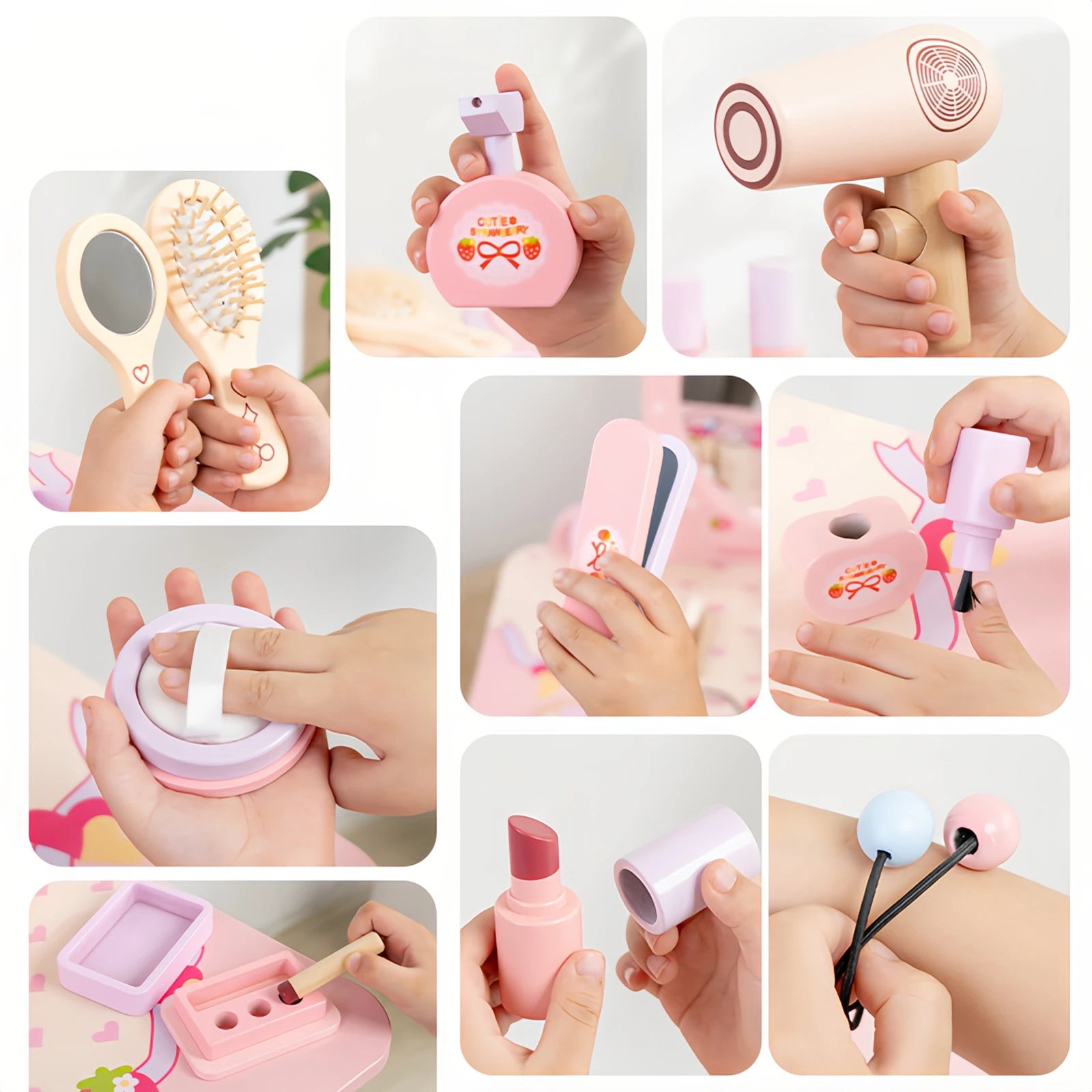 Wooden Cosmetics Toy Set Girls Play House Toys Simulation Lipstick Eye Shadow Nail Paint Toys Pretend Makeup Role-playing Game