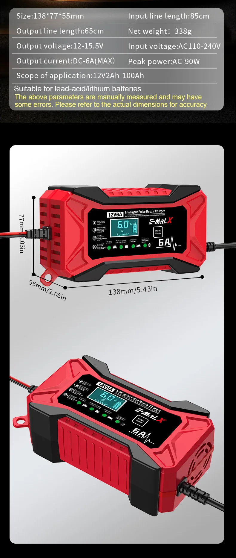 12V 6A Car Battery Charger Pulse Repair LiFePO4 14.6V Smart Fast Charge AGM Deep Cycle GEL Lead-Acid Charger For Auto Motorcycle