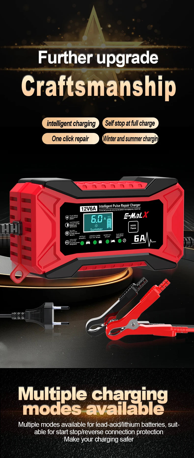 12V 6A Car Battery Charger Pulse Repair LiFePO4 14.6V Smart Fast Charge AGM Deep Cycle GEL Lead-Acid Charger For Auto Motorcycle