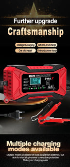 12V 6A Car Battery Charger Pulse Repair LiFePO4 14.6V Smart Fast Charge AGM Deep Cycle GEL Lead-Acid Charger For Auto Motorcycle