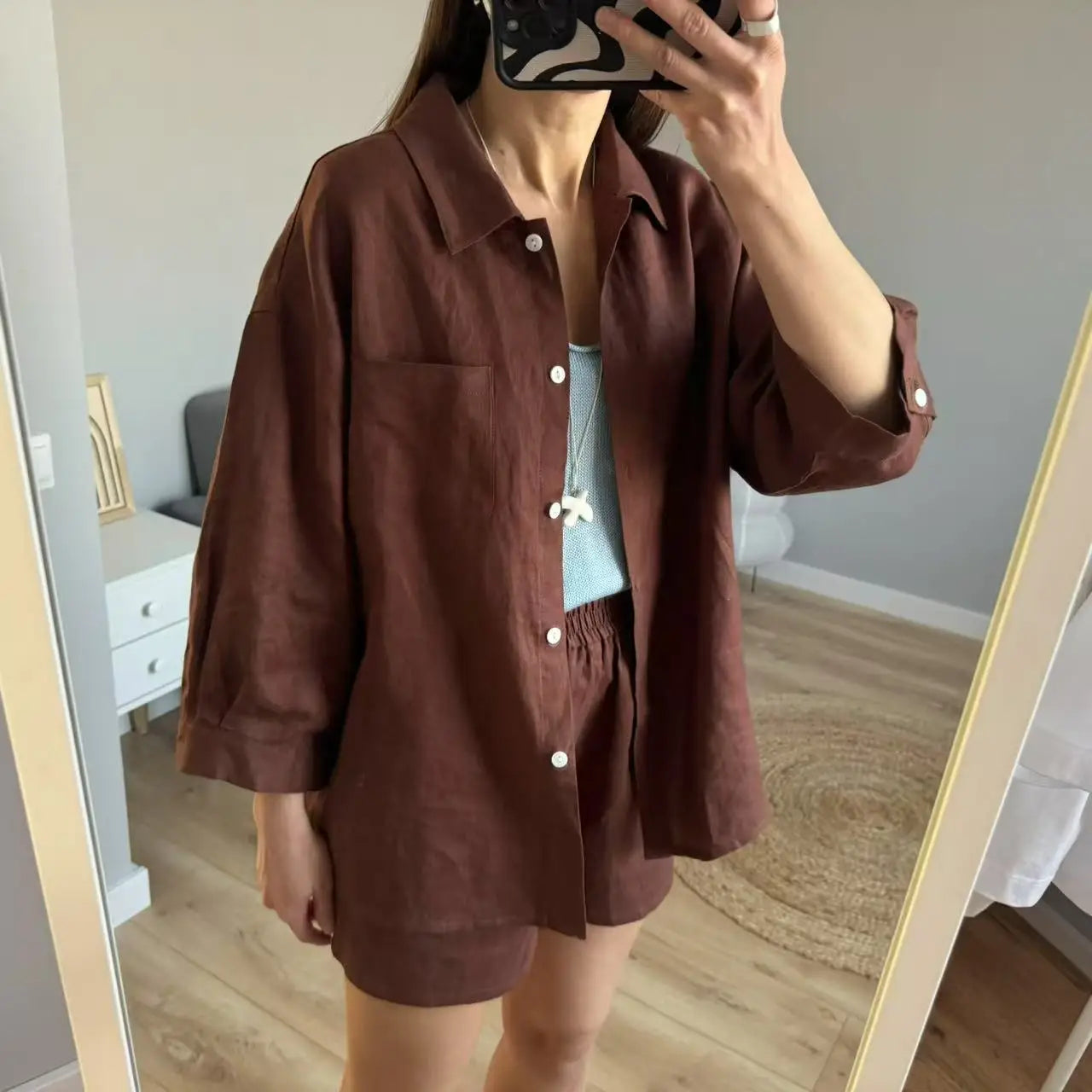 Women 2025 Summer Casual Linen Blouse Shorts Sets