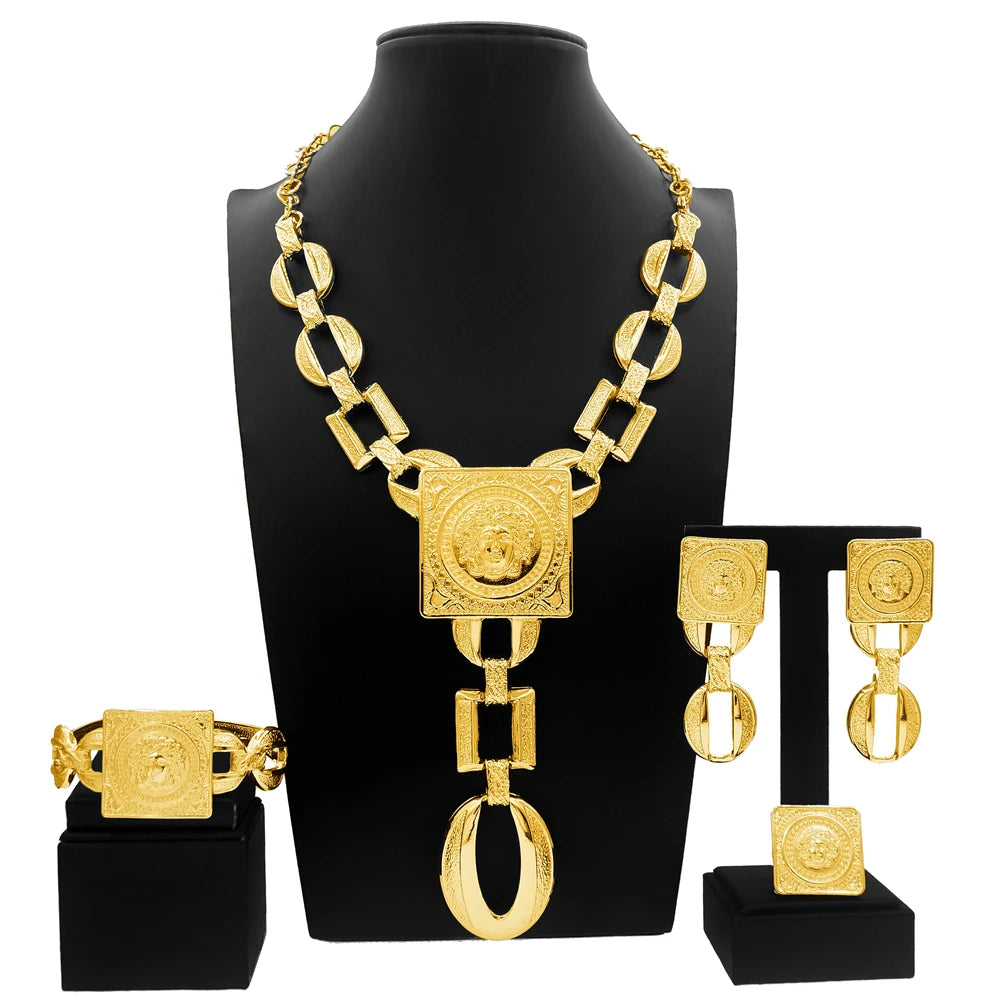 Hot Sale Fashion Woman Necklace Jewelry Set Face Shape Chain Pendant Design Big Earring Square Ring Gift  Jewelry Sets