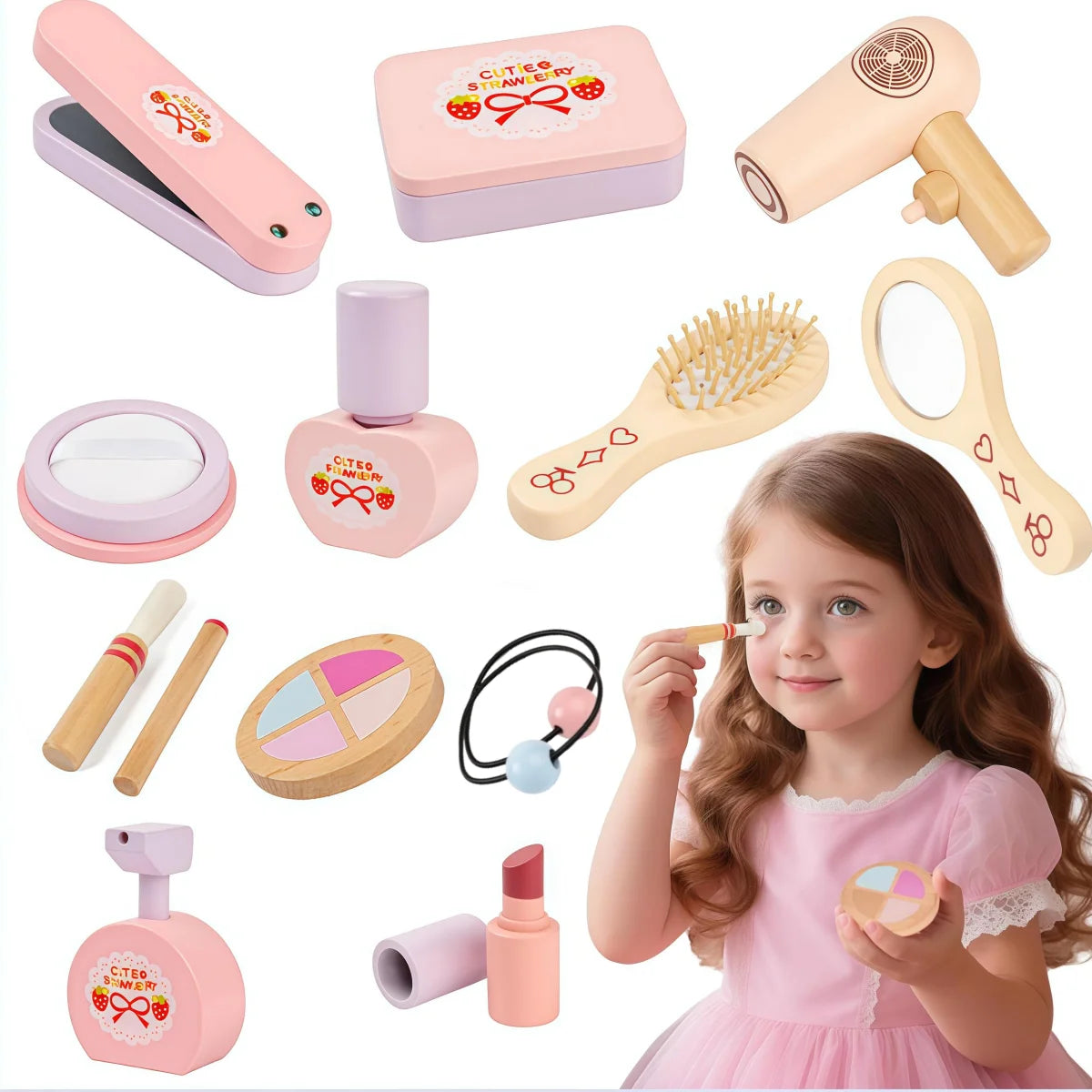 Wooden Cosmetics Toy Set Girls Play House Toys Simulation Lipstick Eye Shadow Nail Paint Toys Pretend Makeup Role-playing Game