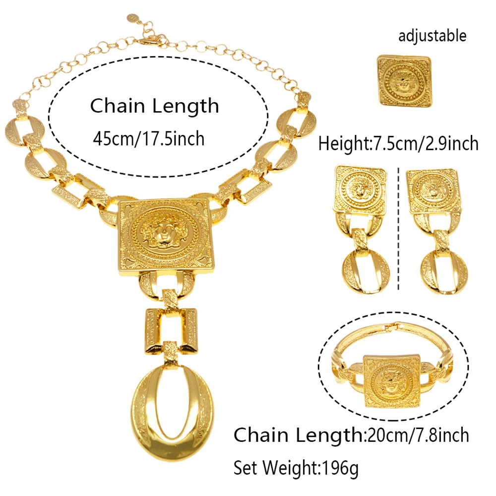 Hot Sale Fashion Woman Necklace Jewelry Set Face Shape Chain Pendant Design Big Earring Square Ring Gift  Jewelry Sets
