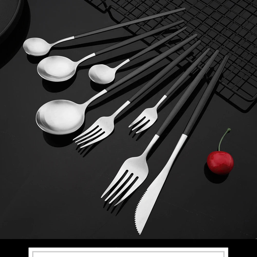Matte Black Silver Cutlery Set Kitchen Tableware Restaurant Western Dinnerware Knife Dessert Fork Coffee Spoon Teaspoon Flatware