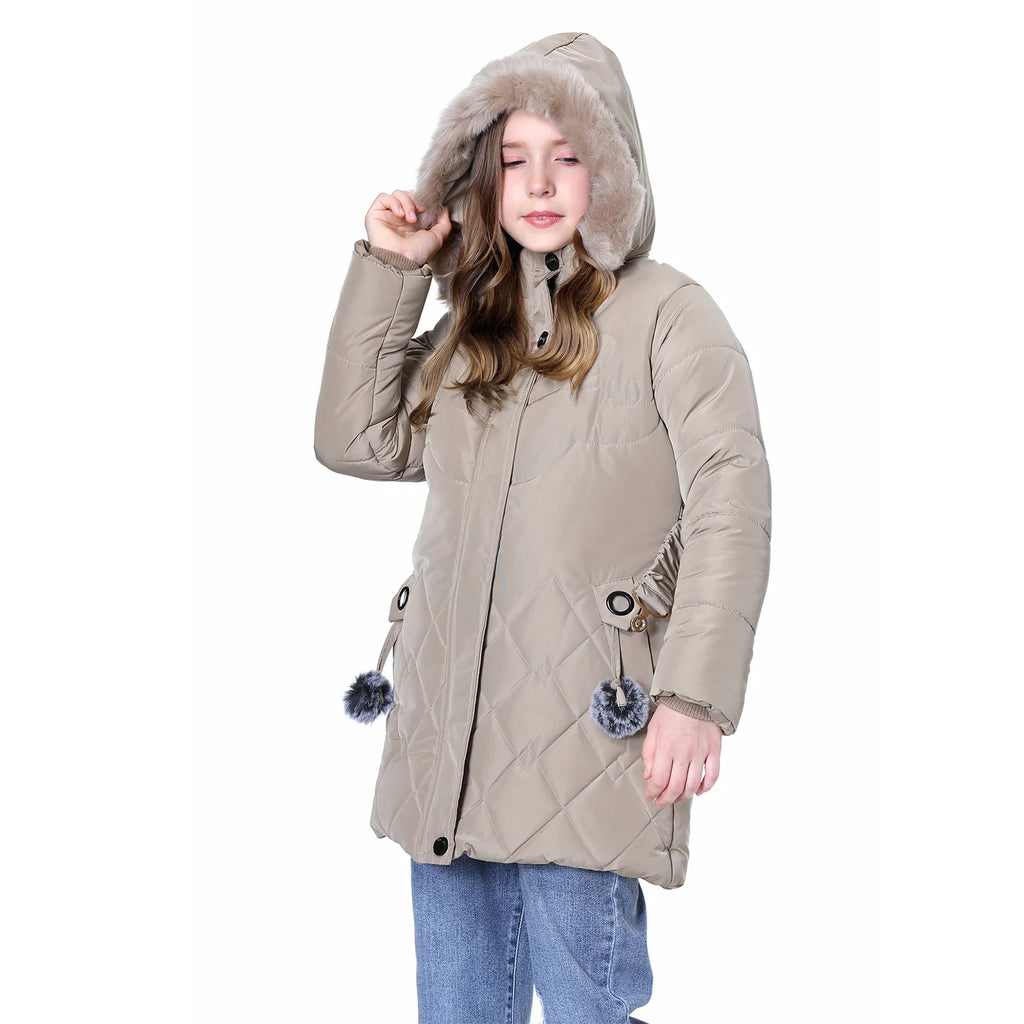 Winter Girls Jacket,Warm Thick Cotton Coat,Fashion Fur Hooded Children's Outerwear,Hairballs Zipper Elastic Waistband Coats