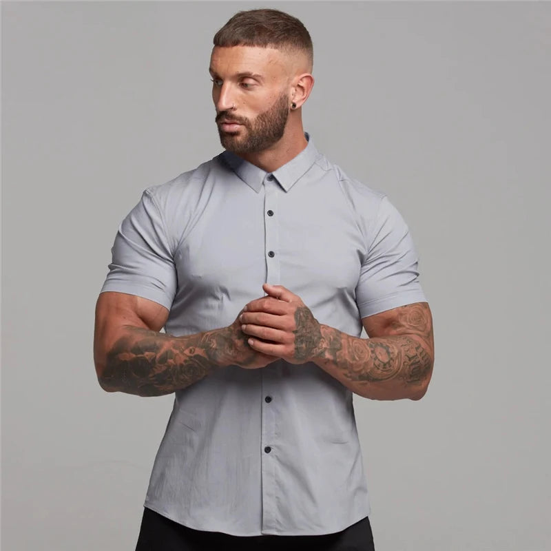 Men's Summer Business Shirt Short Sleeve Turn-down Collar Tuxedo Shirt Fashion Super Slim Fit Male Social Dress Shirt