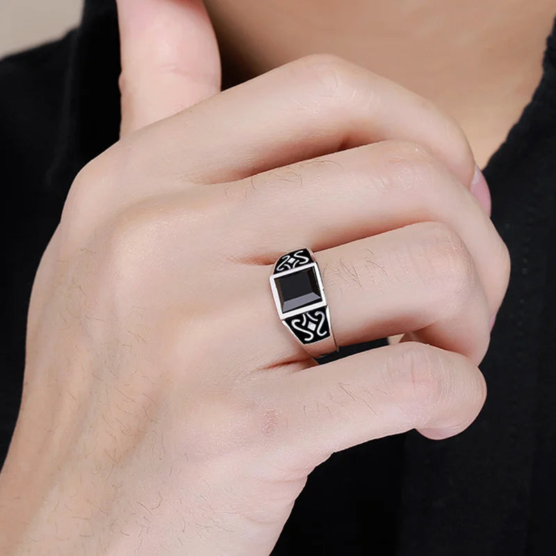 2024 Trendy Men Ring Jewelry Adjustable Finger Accessorie Male Silver 925 Ring Fashion Flower Rectangle Crystal Bijou