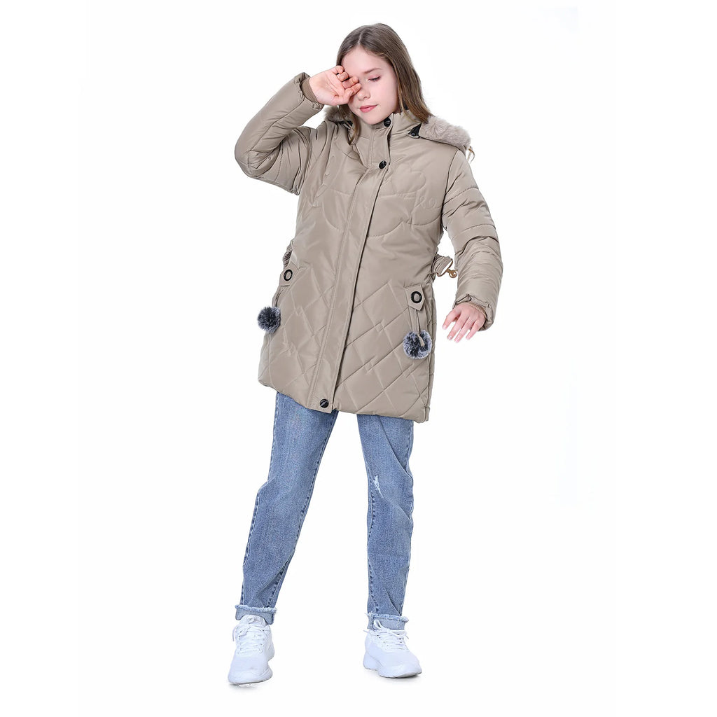 Winter Girls Jacket,Warm Thick Cotton Coat,Fashion Fur Hooded Children's Outerwear,Hairballs Zipper Elastic Waistband Coats