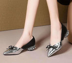 Thick Heel Single Shoes Woman MID Heels Women 2020 Autumn  Work Shoe Female Footware Soft Leather Bowtie Pointed Toes SILVER