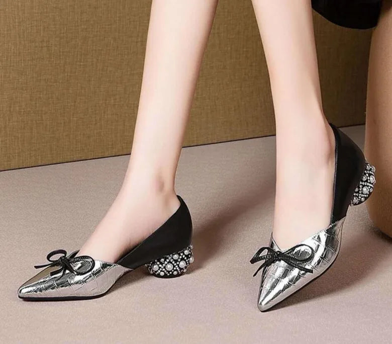 Thick Heel Single Shoes Woman MID Heels Women 2020 Autumn  Work Shoe Female Footware Soft Leather Bowtie Pointed Toes SILVER