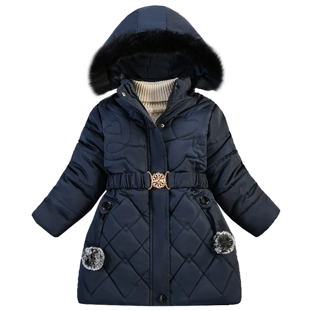 Winter Girls Jacket,Warm Thick Cotton Coat,Fashion Fur Hooded Children's Outerwear,Hairballs Zipper Elastic Waistband Coats