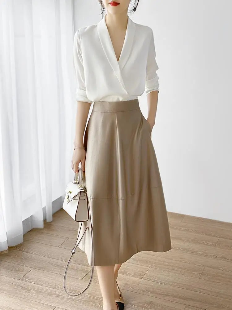 Women's Tunic V Neck Solid Color Elegant Blouses Spring Autumn Office Lady Silk Satin Solid Black White Long Sleeve Shirt Women