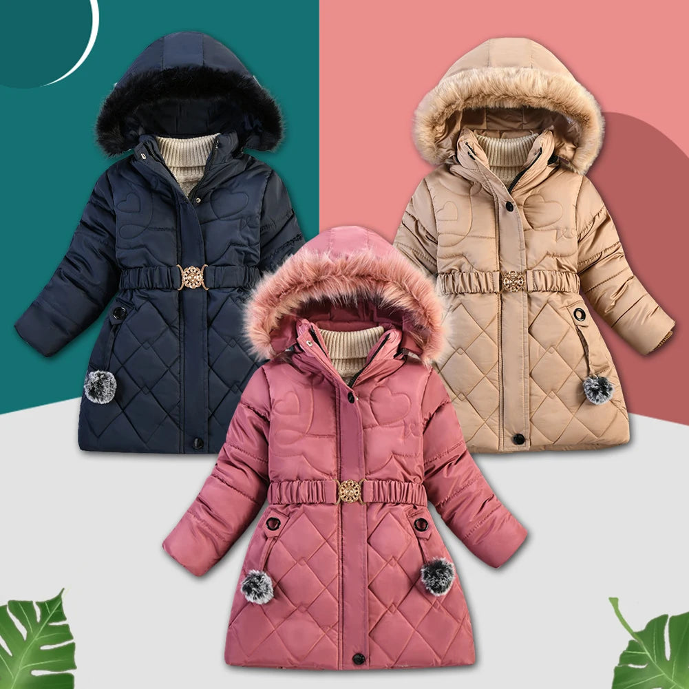 Winter Girls Jacket,Warm Thick Cotton Coat,Fashion Fur Hooded Children's Outerwear,Hairballs Zipper Elastic Waistband Coats