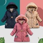 Winter Girls Jacket,Warm Thick Cotton Coat,Fashion Fur Hooded Children's Outerwear,Hairballs Zipper Elastic Waistband Coats