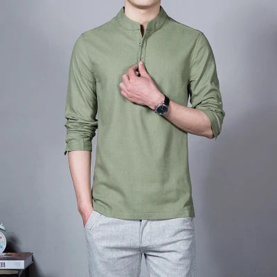 Men's Clothing  Men Spring Tops & Tees Male Fashion T-Shirts Stand Collar Long-sleeved Slim Base Shirt Homme Linen t-shirt