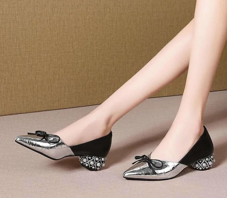 Thick Heel Single Shoes Woman MID Heels Women 2020 Autumn  Work Shoe Female Footware Soft Leather Bowtie Pointed Toes SILVER