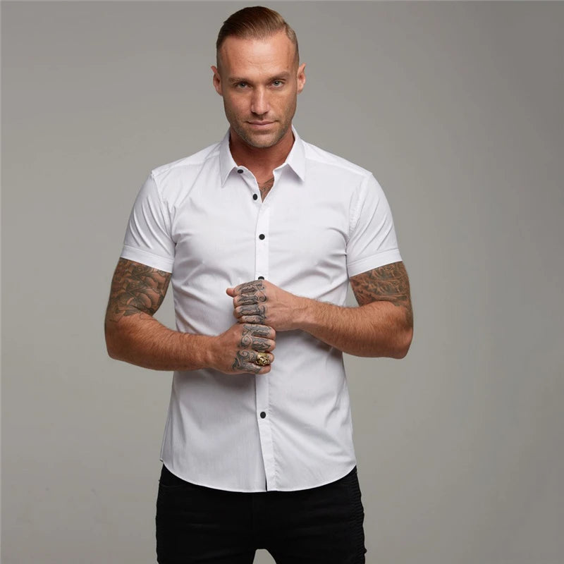 Men's Summer Business Shirt Short Sleeve Turn-down Collar Tuxedo Shirt Fashion Super Slim Fit Male Social Dress Shirt