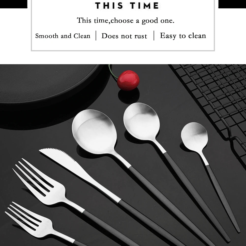 Matte Black Silver Cutlery Set Kitchen Tableware Restaurant Western Dinnerware Knife Dessert Fork Coffee Spoon Teaspoon Flatware