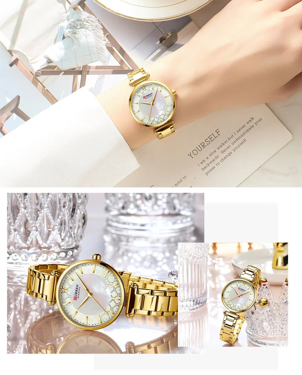 Watches for Women Luxury Brand CURREN Elegant Thin Quartz Wristwatch with Stainless Steel Simple Female Clock