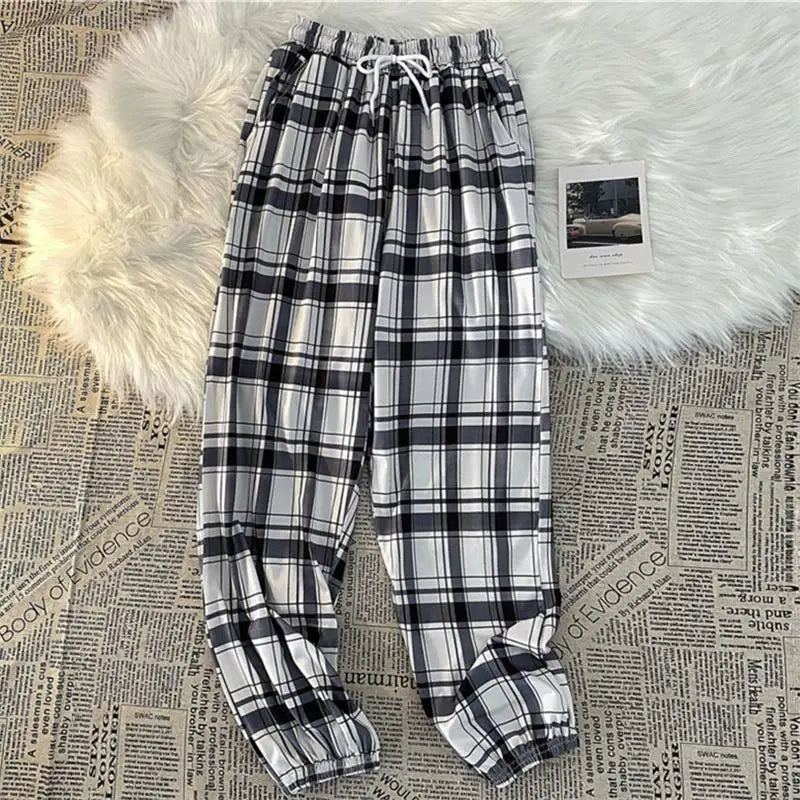 Pants Women New Bunch of feet Fashion Loose Black Plaid Summer Harajuku Students Streetwear Harem Long Trousers Womens Chic