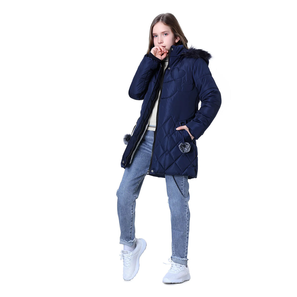 Winter Girls Jacket,Warm Thick Cotton Coat,Fashion Fur Hooded Children's Outerwear,Hairballs Zipper Elastic Waistband Coats