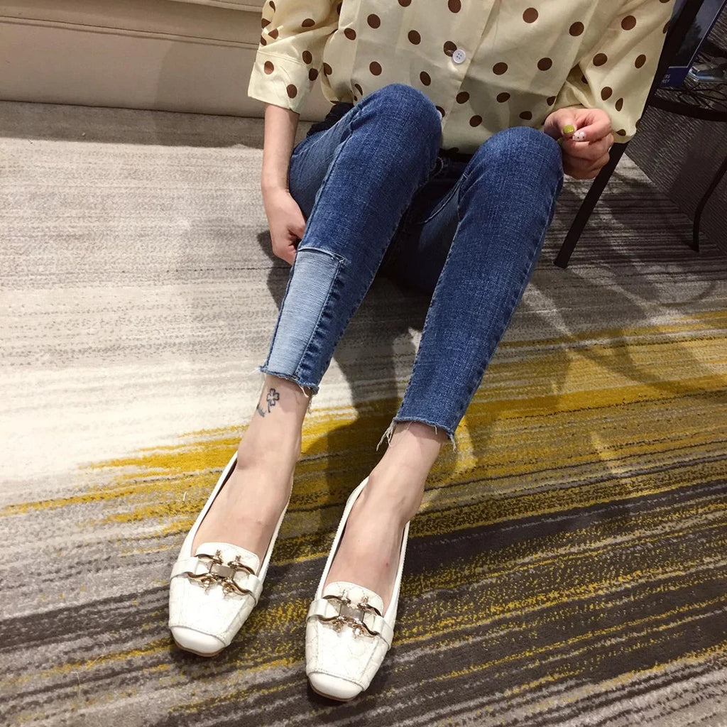 Woman's Flats Casuales for Female Soft Bottom Comfortable Square Head Single Shoes White Black Red Ladies Spring Autumn Loafers