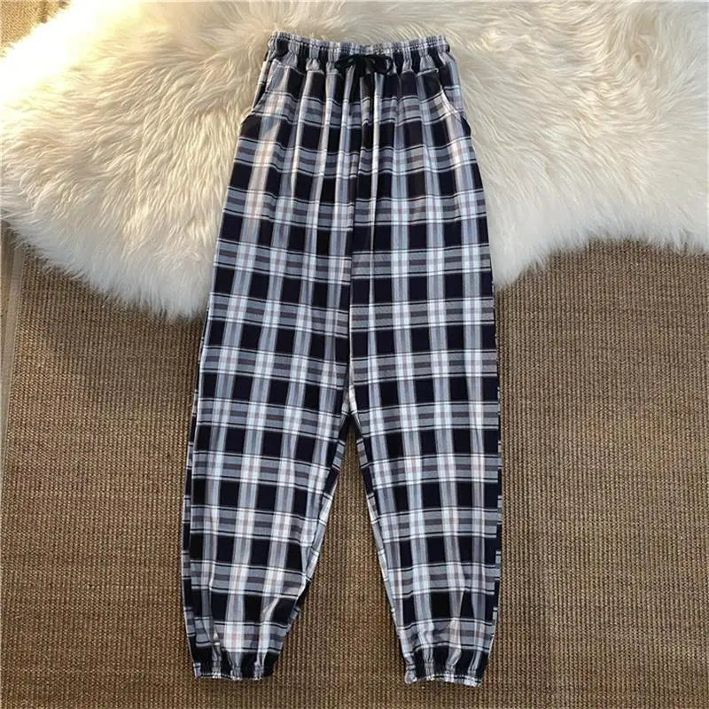 Pants Women New Bunch of feet Fashion Loose Black Plaid Summer Harajuku Students Streetwear Harem Long Trousers Womens Chic