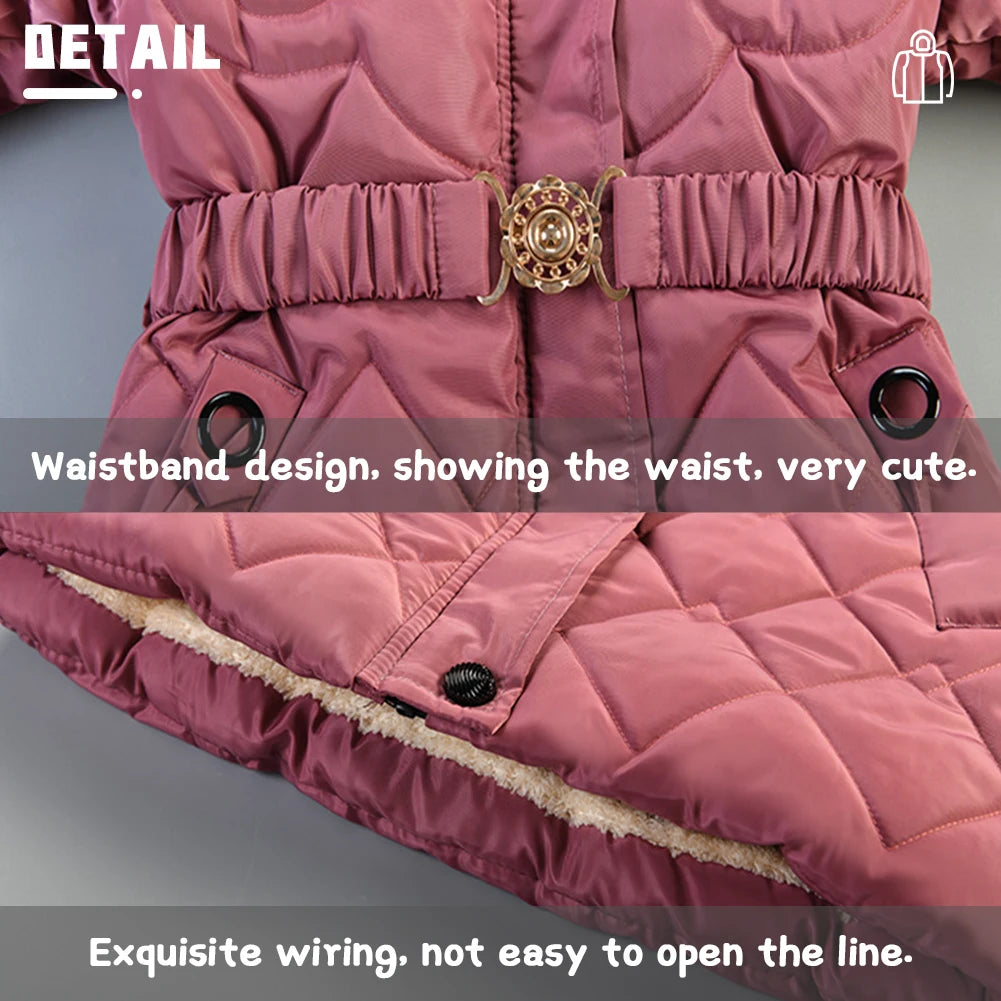 Winter Girls Jacket,Warm Thick Cotton Coat,Fashion Fur Hooded Children's Outerwear,Hairballs Zipper Elastic Waistband Coats