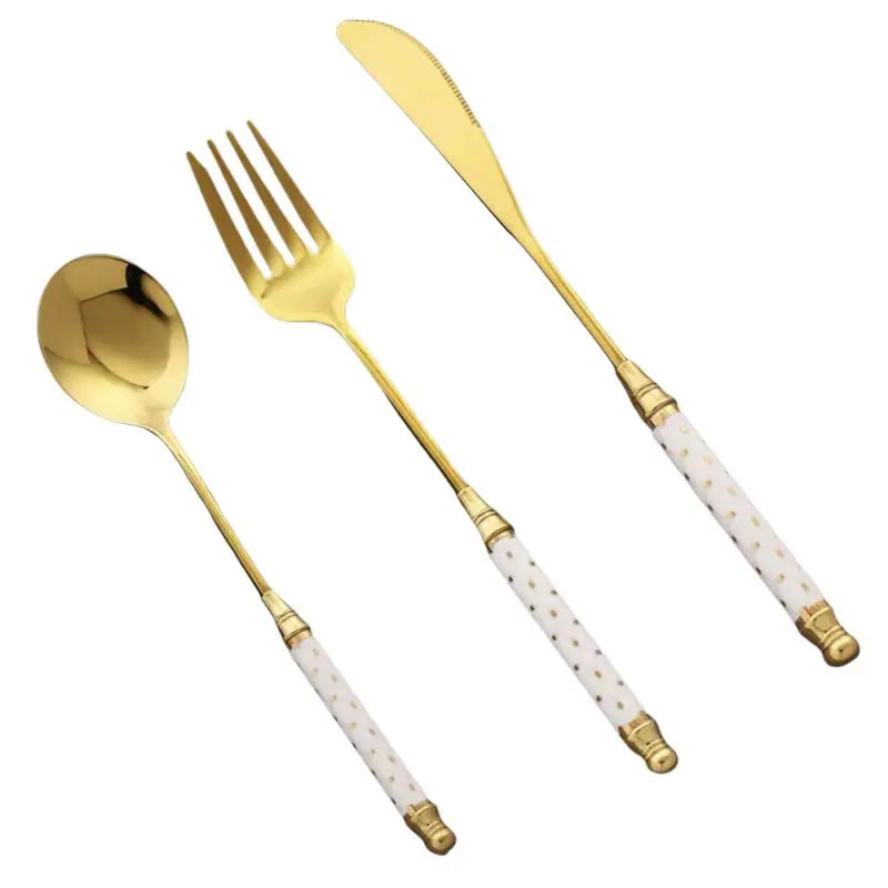 Kitchen Gold-plated Cutlery Set Dessert Forks Knives Spoons Set Elegant Design Ceramic Dinnerware For Home Restaurant Canteen