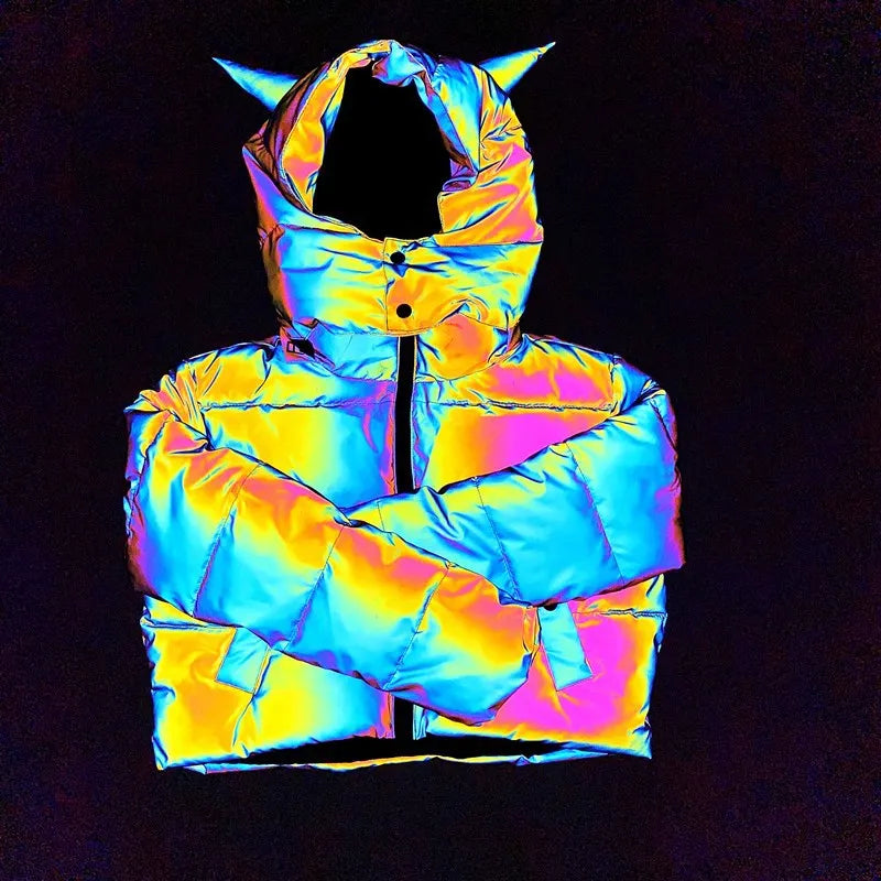 Winter Women Rainbow Reflective Horn Hooded Parkas Down Bubble Coat Puffer Jacket Bling Luminous Cute Hooded Down Jacket Outcoat