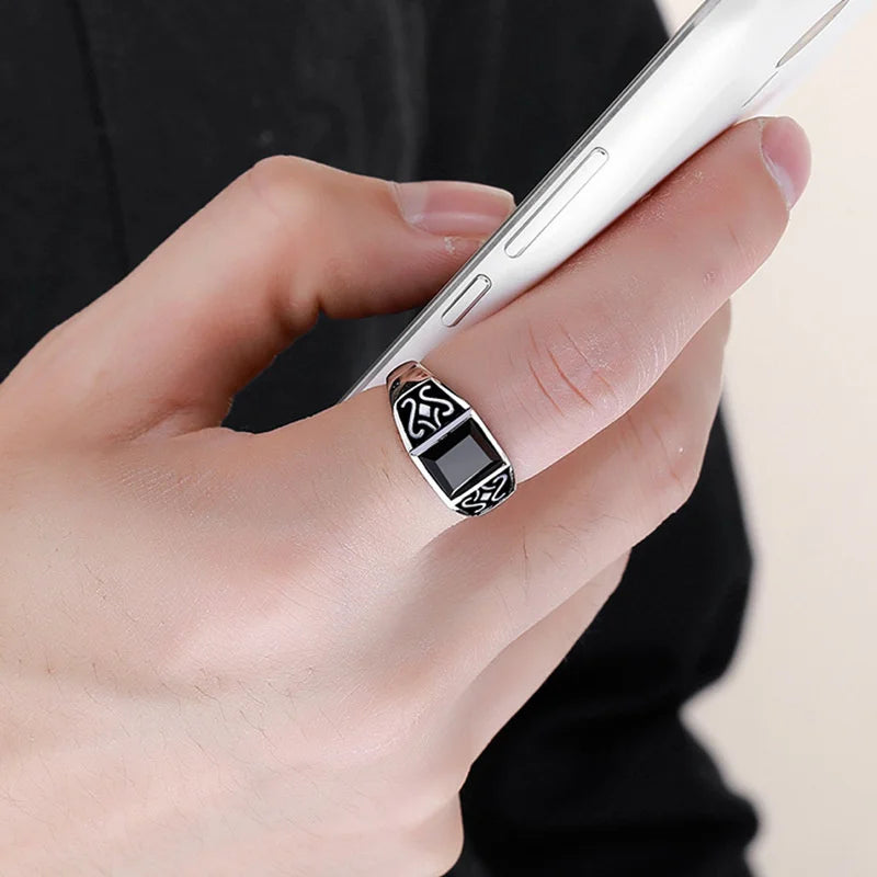 2024 Trendy Men Ring Jewelry Adjustable Finger Accessorie Male Silver 925 Ring Fashion Flower Rectangle Crystal Bijou