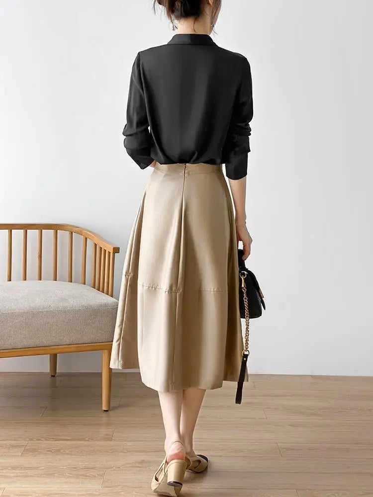 Women's Tunic V Neck Solid Color Elegant Blouses Spring Autumn Office Lady Silk Satin Solid Black White Long Sleeve Shirt Women