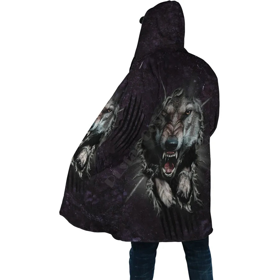 Winter Men For Women Hooded Cloak Darkness Wolf Love Gets you Hurt 3D All Over Prined Fleece wind breaker Warm Hood Cloak