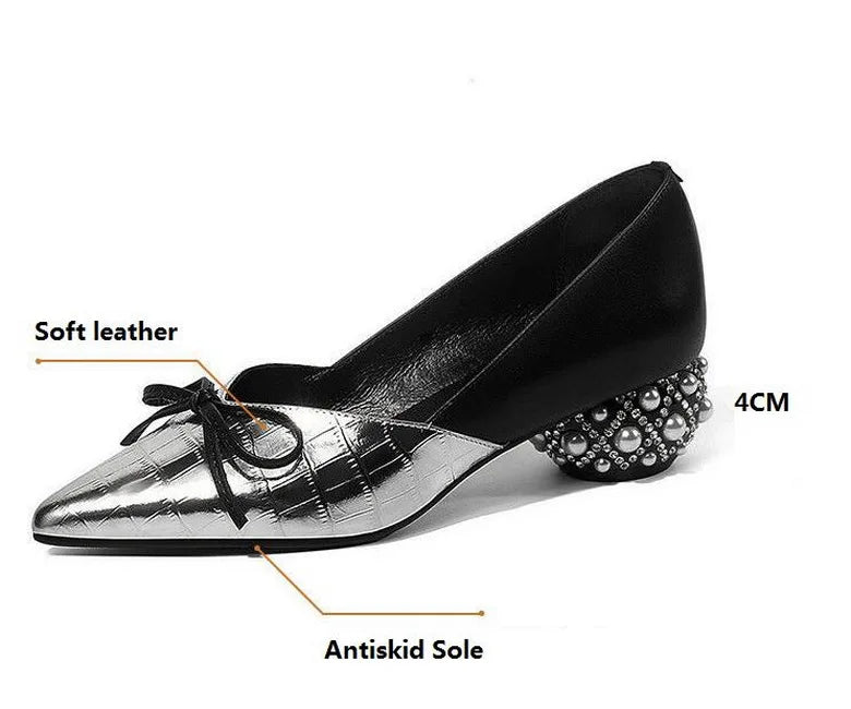 Thick Heel Single Shoes Woman MID Heels Women 2020 Autumn  Work Shoe Female Footware Soft Leather Bowtie Pointed Toes SILVER