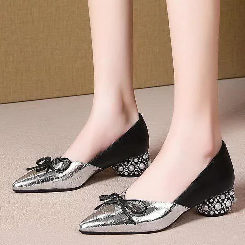 Thick Heel Single Shoes Woman MID Heels Women 2020 Autumn  Work Shoe Female Footware Soft Leather Bowtie Pointed Toes SILVER