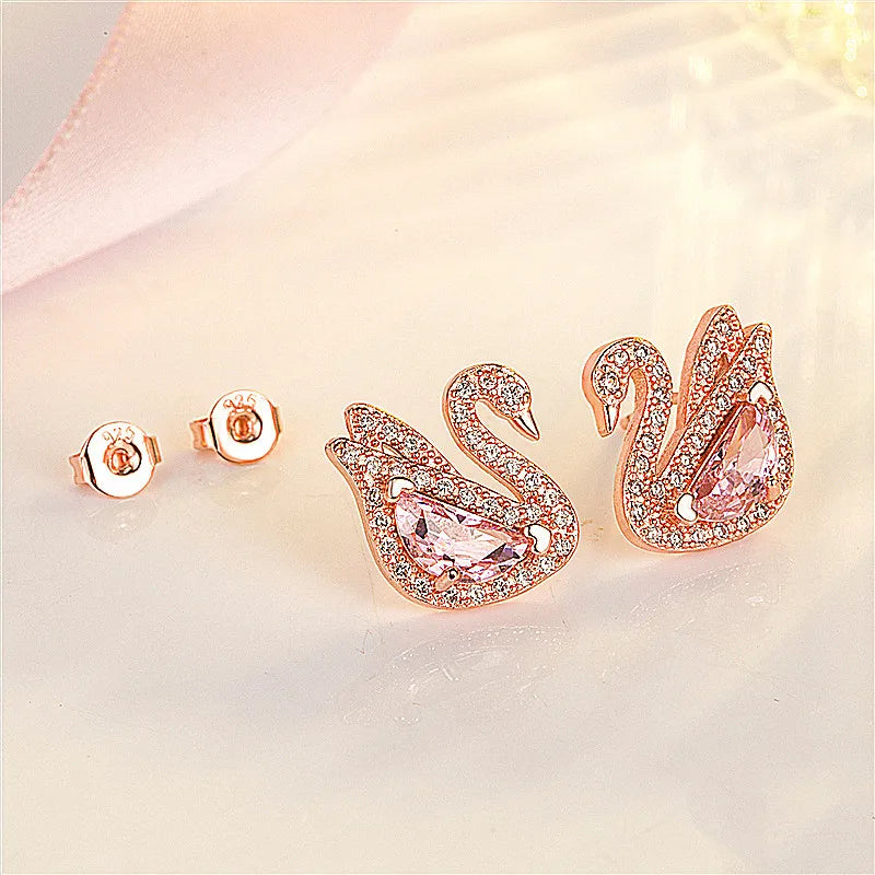 Chic Elegant Swan Pink Crystal Zircon Diamonds Gemstones Stud Earrings for Women Girl White Gold Color Fashion Jewelry Gifts