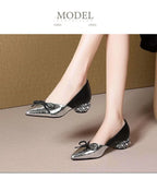 Thick Heel Single Shoes Woman MID Heels Women 2020 Autumn  Work Shoe Female Footware Soft Leather Bowtie Pointed Toes SILVER