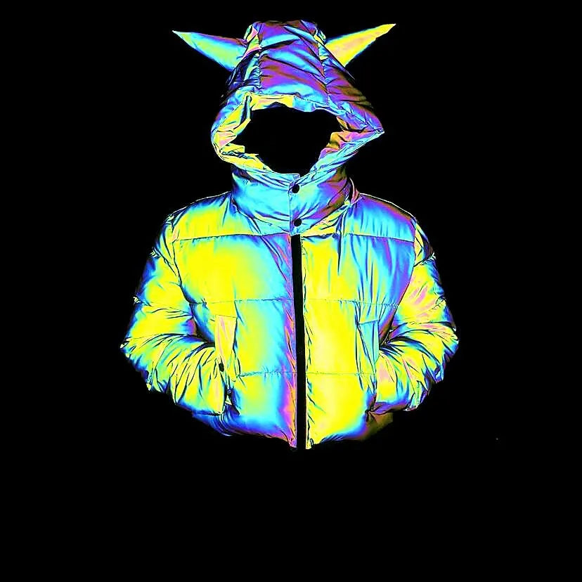 Winter Women Rainbow Reflective Horn Hooded Parkas Down Bubble Coat Puffer Jacket Bling Luminous Cute Hooded Down Jacket Outcoat